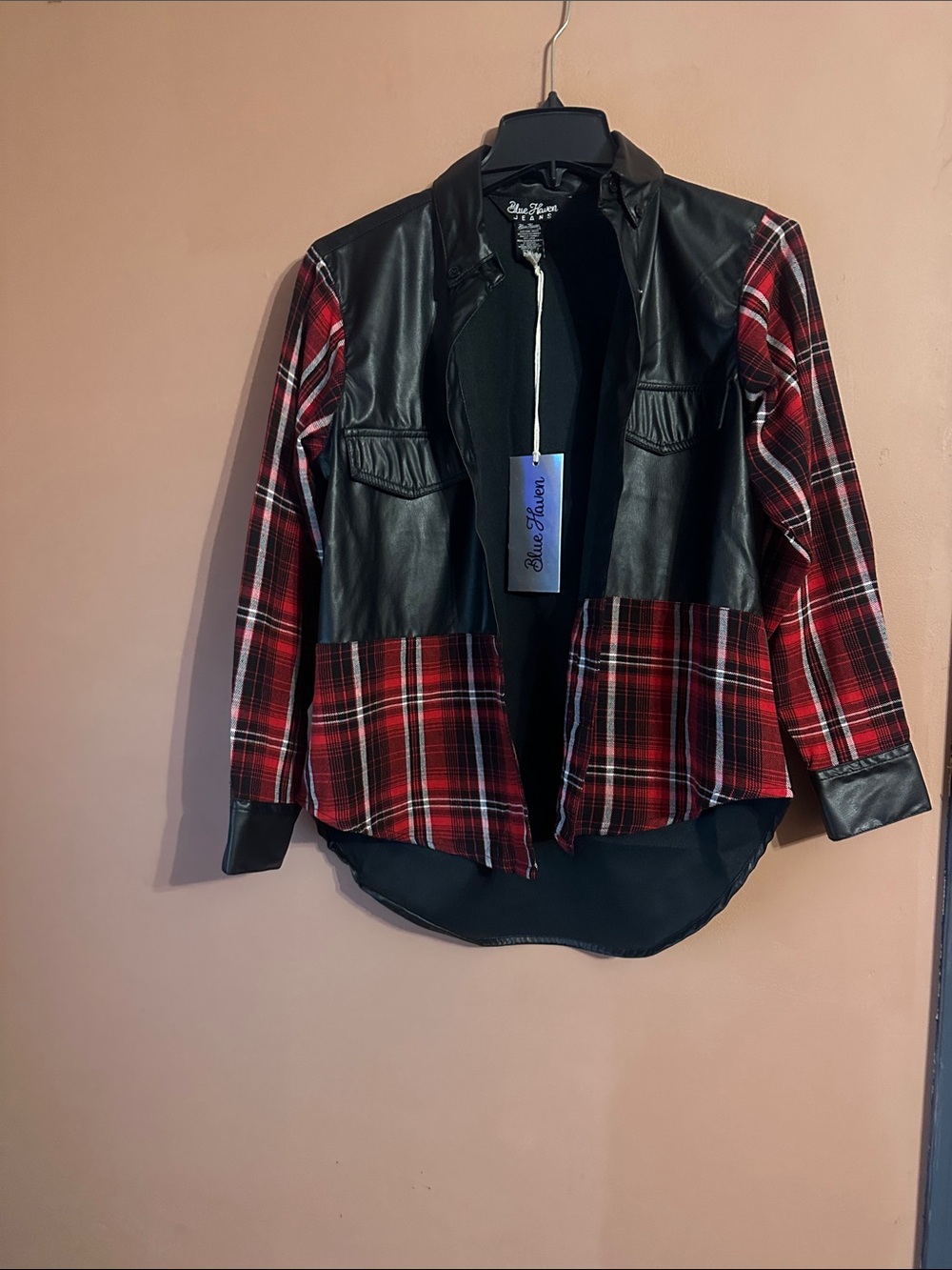 Women's Red Plaid Mixed-Media Jean Jacket with Black Faux Leather